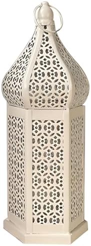 Hollow Metal Lantern, White Iron, Moroccan Vintage, Led, Tower Design Tall, Outdoor/Indoor, Patio, Garden, Hotel, Home, Hanging & Standing by Unknown