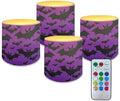 Purple Halloween Flameless Candles with Remote Battery Operated Candles with Timer Pack of 4 Black Bat Print LED Pillar Tea Lights for Indoor Outdoor Party Home Decorations by Merkmak