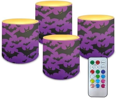 Purple Halloween Flameless Candles with Remote Battery Operated Candles with Timer Pack of 4 Black Bat Print LED Pillar Tea Lights for Indoor Outdoor Party Home Decorations by Merkmak