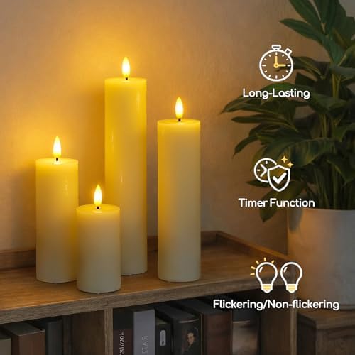 Flameless Real Wax Pillar LED Candles with Remote Control, Battery Operated Cycle Timer Ivory Pack of 4 Flickering 3D-Wick Warm Light for Indoor Home Decor (2.2" x 4" 6" 8" 10") - Image 3