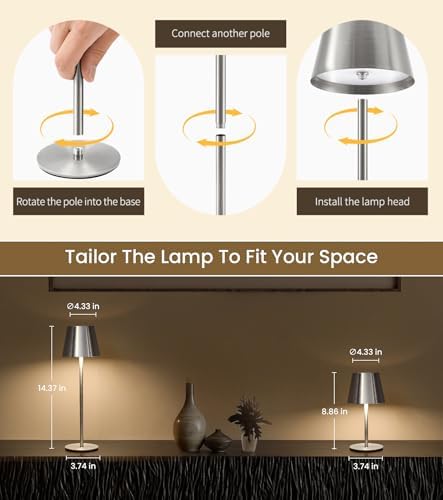 3 Pack Cordless Table Lamp, Portable Battery Operated Lamp with 3 Color Temps and Stepless Dimming, Rechargeable Table Lamp for Dinner, Desk, Cafe, Outdoor (Brushed Silver) - Image 2