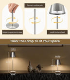 3 Pack Cordless Table Lamp, Portable Battery Operated Lamp with 3 Color Temps and Stepless Dimming, Rechargeable Table Lamp for Dinner, Desk, Cafe, Outdoor (Brushed Silver) - Image 2