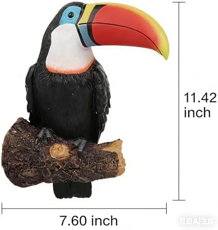 Toucan Tree Decor, Hand-Painted Resin Tropical Bird Statue, Weatherproof Outdoor Sculpture for Garden Fence Patio Yard (red) - Image 2