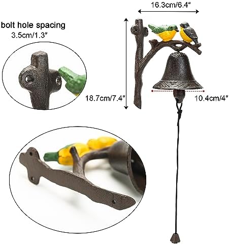 Sungmor Cast Iron Dinner Bell, Outside Farmhouse Door Bell, Wall Hanging Bell, Antique Lovely Color Birds Decorative Manually Shaking Doorbell, Indoor Outdoor Wall Mounted Ornamental Dinner Bell - Image 5