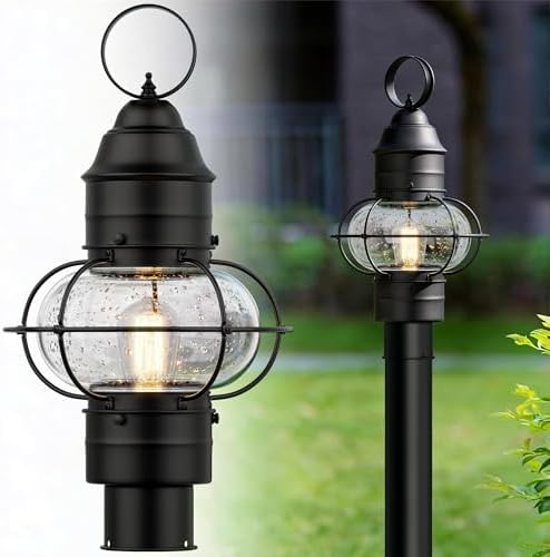 Kalium Outdoor Post Light Hard Wired, Matte Black Lamp Post Light Fixture with Seeded Glass,19" Waterproof Outside Column Lantern for Yard Driveway Patio Garden Walkway Landscape E26 Base Max 60 by Kalium