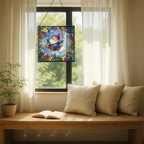 Wreath Swing Gnome Stained Glass Suncatcher – Square Hanging Window Panel for Home or Greenhouse – Whimsical Glass Art Gift for Garden Lovers, Christmas, Halloween, Father Days u0rdBM - Image 7
