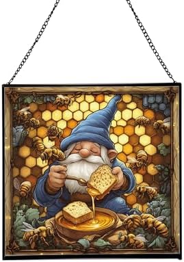 Honey Gnome Feast Stained Glass Suncatcher – Square Hanging Window Panel for Home or Greenhouse – Whimsical Glass Art Gift for Garden Lovers, Christmas, Halloween, Father Days BRew6v by Custom
