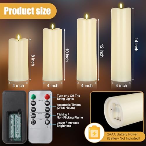Rossesay 4 Pcs 8" 10" 12" 14" x 4" Flameless Candles, Ivory White, Classic - Image 3