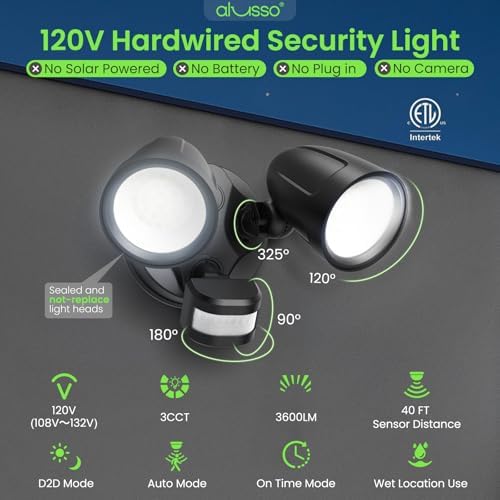 ALUSSO Motion Sensor Outdoor Lights Metal Heads, 30W 3600LM Flood Lights Outdoor 120V, 3 Modes Dusk to Dawn/Auto/On Time, 3000K 4000K 6500K Adjustable, Hardwired Security Light ETL Listed, Black 1PC - Image 3