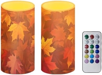 5.7" x 3" Fall Maple Leaves Battery Operated Candles with Timer Flameless LED Candles with Remote Color Changing for Thanksgiving Day Decoration Plastic Pillar Lights Bulk by Merkmak