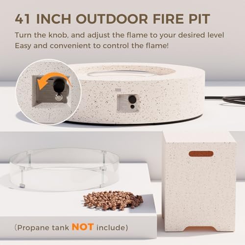 SUNBURY Outdoor 42 Inch Propane Fire Pit Table, 50000 BTU Spotted White Patio Gas Fire Table w Glass Wind Guard, Tank Table, Lava Rocks - Image 2