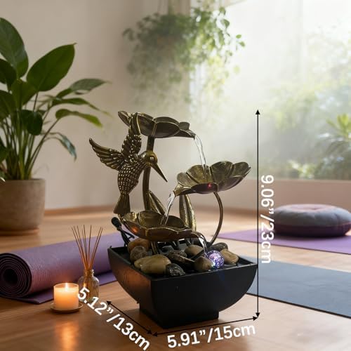 AOZITA Tabletop Fountain, Indoor Waterfall Fountain, Small Home Décor Zen Relaxation Soothing Sound Machine for Office, Living Room, or Bedroom, Bronze Metal Lotus with Hummingbird, River Rocks, LED - Image 2