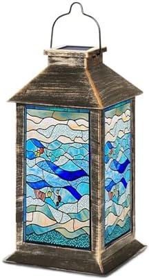 Solar Lantern Stained Glass Window Panel Flowing Waves Colorful Bubbles Blue Tones Outdoor Waterproof Garden Hanging Lantern Solar Powered Lighting Outside Table Lamp for Patio Deck Camping 1 Pack by Unknown