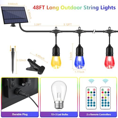 48FT Solar Outdoor RGB String Lights Waterproof Shatterproof - Image 6