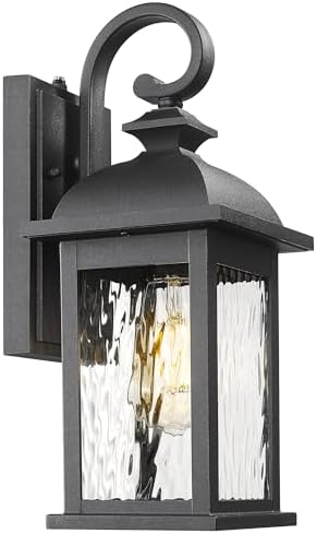 FEMILA Dusk to Dawn Exterior Wall Sconce, 15" Front Porch Light Fixtures Wall Mount for Patio, Garage, Garden, UL Listed, Matte Black Water Ripple Glass, 4FD54B-PC BK-WP by FEMILA