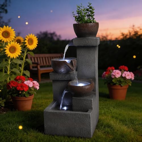 Outdoor Tiered Cascading Jar Water Fountain with LED Lights, Resin Garden Patio Decor with Planter, Rustic Stone Look Multi-Tier Waterfall for Backyard, Porch, Entryway - Image 4