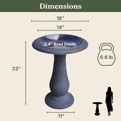 Pedestal Bird Bath Bowl 23 Inch Sea Blue - Stone-Resin Composite Bird Baths for Outdoors - Decorative Standing Outdoor Garden Decor for Front Porch Patio Yard Backyard Lawn Ornament - Image 4