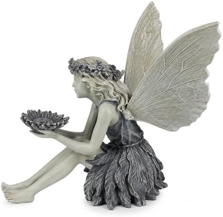 Resin Fairy Bird Feeder Statue, Sitting Winged Girl Garden Figurine with Flower-Shaped Bowl, Gray Outdoor Yard Patio and Porch Decor, 1 Pack - Image 5