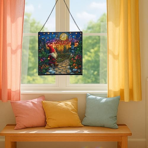Twilight Garden Gnome Stroll Stained Glass Suncatcher – Square Hanging Window Panel for Home or Greenhouse – Whimsical Glass Art Gift for Garden Lovers, Christmas, Halloween, Father Days CvOKPY - Image 5