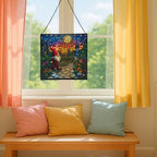 Twilight Garden Gnome Stroll Stained Glass Suncatcher – Square Hanging Window Panel for Home or Greenhouse – Whimsical Glass Art Gift for Garden Lovers, Christmas, Halloween, Father Days CvOKPY - Image 5