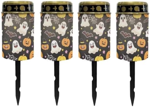 Poceacles Flameless Candle Solar Powered Grave Outdoor Lights Cemetery Candle Flameless Fake LED Pillar Lights Outdoor Halloween Decoration, Cute Ghost Pumpkin Bat Print Black, Pack of 4 by Poceacles