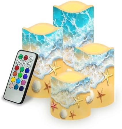 Beach Shell Starfish Flameless Candles with Remote Timer Flickering LED Pillar Candles Color Changing Set of 4 Home Table Beach Wedding Decoration by Uorisanigo
