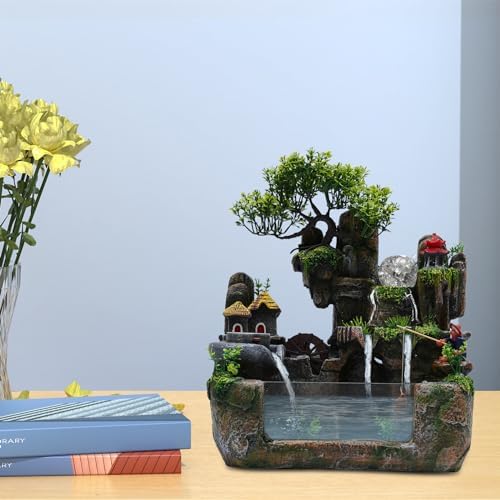 CNCEST Tabletop Fountain, Mini Silent Indoor Outdoor LED Waterfall Fountain Zen Meditation Desktop Simulation Resin Rockery Water Fountain Bonsai Home Decor (Type 2) - Image 4