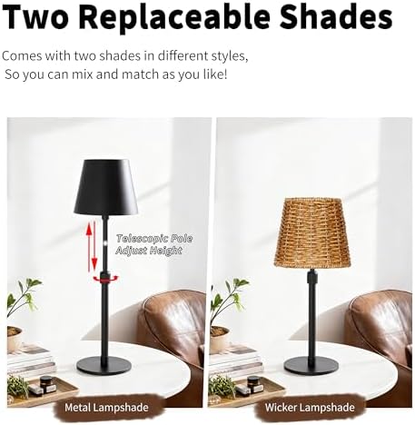 Mr.White Outdoor Waterproof Rechargeable Cordless Table Lamp with Telescopic Pole & Wicker Shade, 5200mAh Battery Operated Table Light with Touch Control, for Patio Restaurant Kitchen (Black) - Image 2
