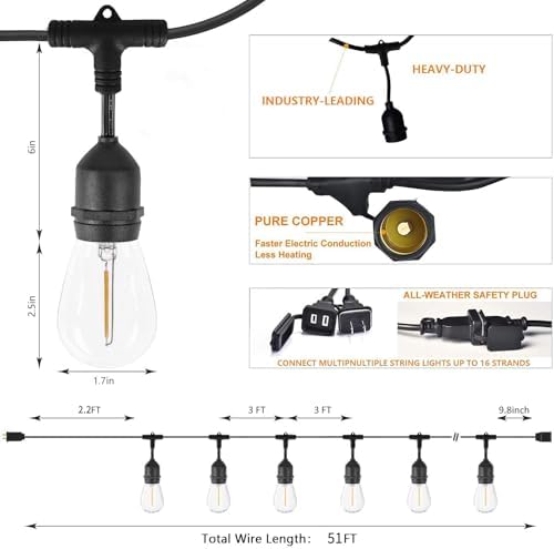 Outdoor String Lights for Outside 48FT with 15+1 2700K LED S14 Shatterproof Bulbs for Patio Back Yard Porch, Linkable - Image 2