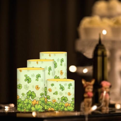 St Paddy's Day Shamrocks Battery Operated Flickering Candles with Timers Flameless Candles with Remote Green Leaves Outdoor Porch LED Lights for Home Decorations - Image 3