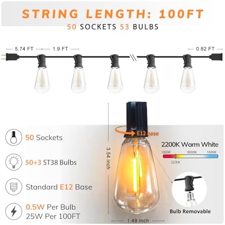 Achin 100FT Outdoor String Lights LED Dimmable Patio Lights String Waterproof with 50+3 Shatterproof Bulbs ST38 Vintage String Lights for Outside Gazebo Bistro Lights, 2200K Warm White - Image 2
