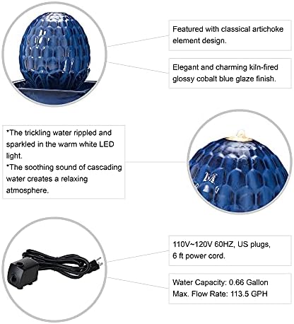 Glitzhome Ceramic Outdoor Water Fountain with LED Light, Oversized Artichoke Pedestal Water Fountains with Submersible Pump, Patio Fountain Waterfall for Garden Patio Deck Porch, Cobalt Blue, 35.75" H - Image 4