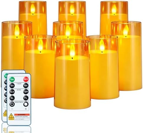 Homemory Amber Flickering Flameless Candles, Battery Operated Acrylic LED Pillar Candles with Remote Control and Timer, Fall Candles, Set of 9 by Homemory