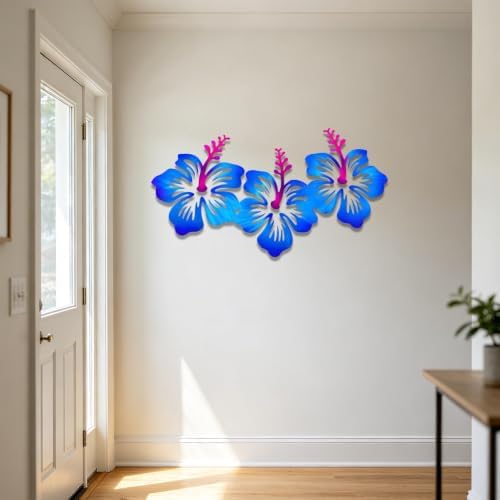 Hibiscus Flower Metal Wall Art Blue Floral Plaque Rustic Hanging Decor for Living Room Bedroom Patio Garden Indoor Outdoor Stylish Botanical Ornament (16 INCH) - Image 5