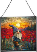 Gnome with Poppy Field Stained Glass Suncatcher – Square Hanging Window Panel for Home or Greenhouse – Whimsical Glass Art Gift for Garden Lovers, Christmas, Halloween, Father Days 6JfMPN by Custom