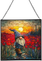 Gnome with Poppy Field Stained Glass Suncatcher – Square Hanging Window Panel for Home or Greenhouse – Whimsical Glass Art Gift for Garden Lovers, Christmas, Halloween, Father Days 6JfMPN by Custom