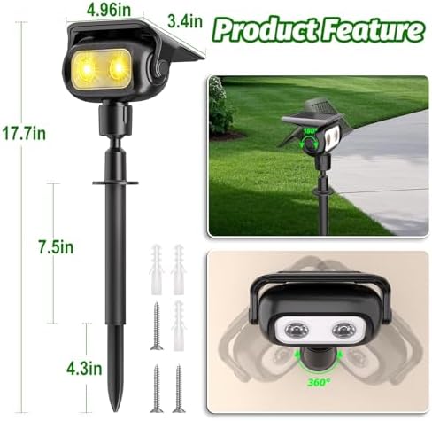 Nreonrick Solar Spot Lights 360 Adjustable IP65 Waterproof 2-in-1 Solar Powered Spotlights for Landscape Lighting Garden, Yard, Pathway Warm White 4 Pack - Image 2