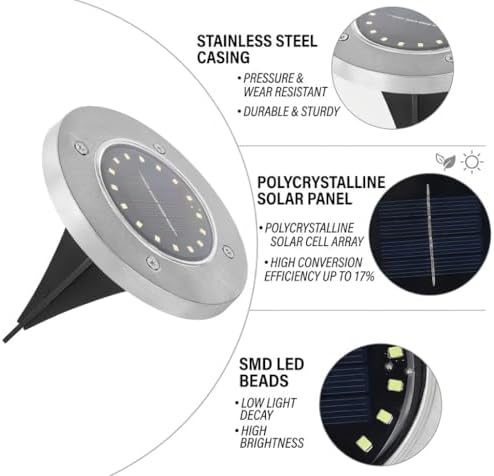 Solar Ground Lights Outdoor, IP68 Waterproof Stainless Steel Solar Disk Lights for Garden, Path, Walkway, Patio, LED Solar Powered Deck Lights - Image 4