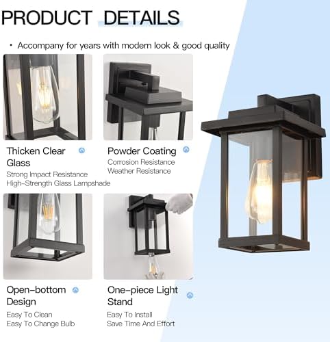 Outdoor Wall Light Modern Exterior Black Wall Mount Lanterns 2-Pack - Image 6