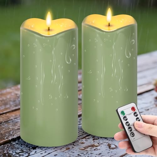 Rossesay 2 Pack 4 x 8 Inch Large Waterproof LED Pillar Candles, Sage Green by Rossesay