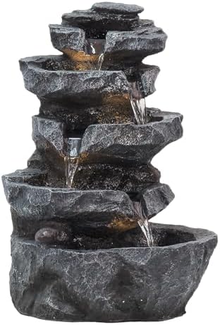 5-Tiered Cascading Rock, 22" High Outdoor Garden Waterfall with LED Lights and Pump, Resin Water Fountain for Garden, Patio, Yard, Deck Decor (22" High 5-Tiers) by PAPABALLC
