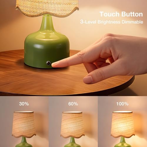 Cordless Boho Table Lamp Green, Scalloped Wicker Shade, 5200-mAh Rechargeable Battery, 3-Way Dimmable, Build-in Integrated LED 320 Lumen Max, for Bedside Living Room - Image 4