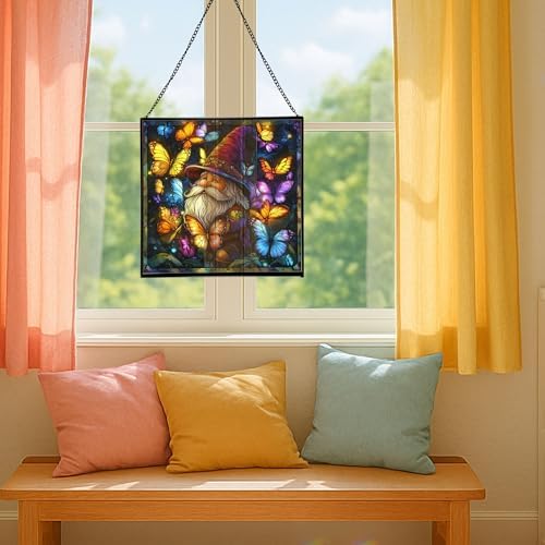 Gnome Among Butterflies Stained Glass Suncatcher – Square Hanging Window Panel for Home or Greenhouse – Whimsical Glass Art Gift for Garden Lovers, Christmas, Halloween, Father Days mExMxO - Image 5