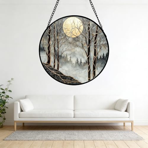 Stained Glass Window Hanging - Black and White Gold Moon Forest Sun Catcher for Door Home Decor Suncatcher Christmas Mother's Day Birthday Gifts for Women Men Lovers Mom Nana 11.8 in - Image 5