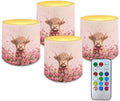 Valentines Day Flickering Flameless Candles with Remote and Timer Battery Operated Candles Pink Rose Highland Cattle Print 4Pcs LED Pillar Tea Lights for Home Decor by Merkmak