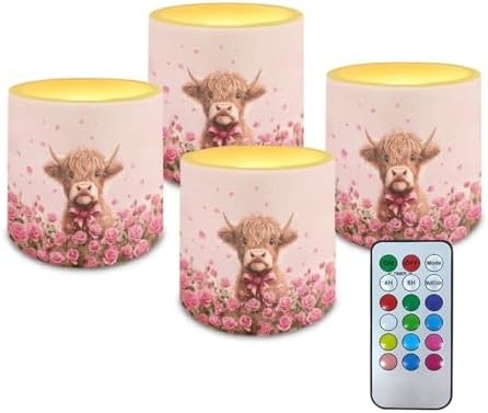 Valentines Day Flickering Flameless Candles with Remote and Timer Battery Operated Candles Pink Rose Highland Cattle Print 4Pcs LED Pillar Tea Lights for Home Decor by Merkmak