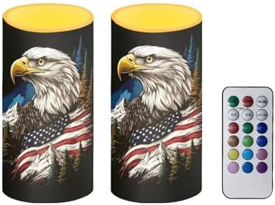 2 Pack Eagle American Flag Print, Flameless Candles with Remote Control, Battery Operated Flickering LED Pillar Candle with Timer for 4th of July Indoor Outdoor Patio Garden Decorations by Merkmak