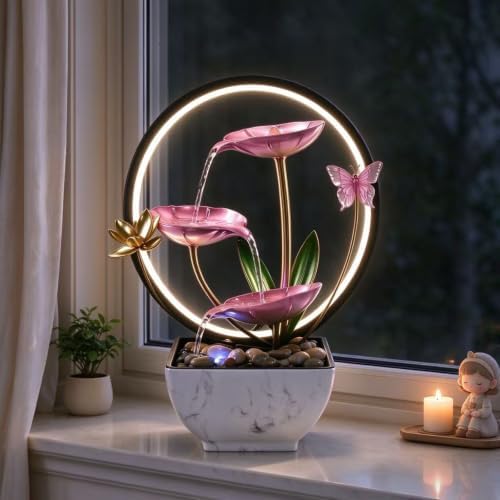 11'' H Pink Indoor Desktop Tableop Fountain Decoration, Fountain with LED Lights for Meditation and Zen Water Scenery, Festival Decorations by QINGYINGGE