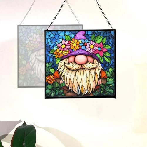 Gnome with Flower Crown Stained Glass Suncatcher – Square Hanging Window Panel for Home or Greenhouse – Whimsical Glass Art Gift for Garden Lovers, Christmas, Halloween, Father Days 1fhnsj - Image 4