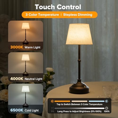 Cordless Table Lamp, Rechargeable Desk Lamp with Fabric Shade, Battery Operated Lamp 3 Color Stepless Dimming, Portable Small Touch Bedside Lamp Home Decor for Dining, Counter (Matte Black) - Image 3